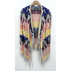 Umgee Sweater Womens Large Gray Cardigan Open Lightweight Knit Fringe Colorful